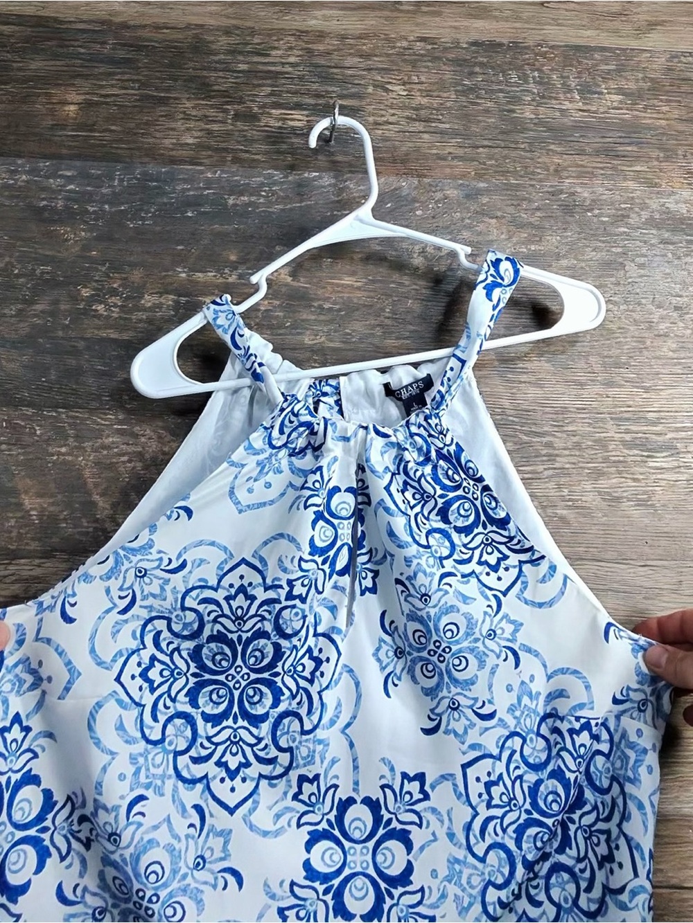 Chaps White and Blue Tile-Print Halter Tank Top